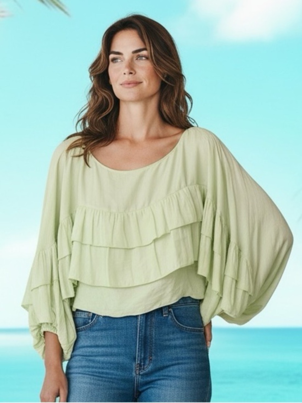Mustard Seed Celery Green Wide Sleeve Beautiful Crop Top NWOT